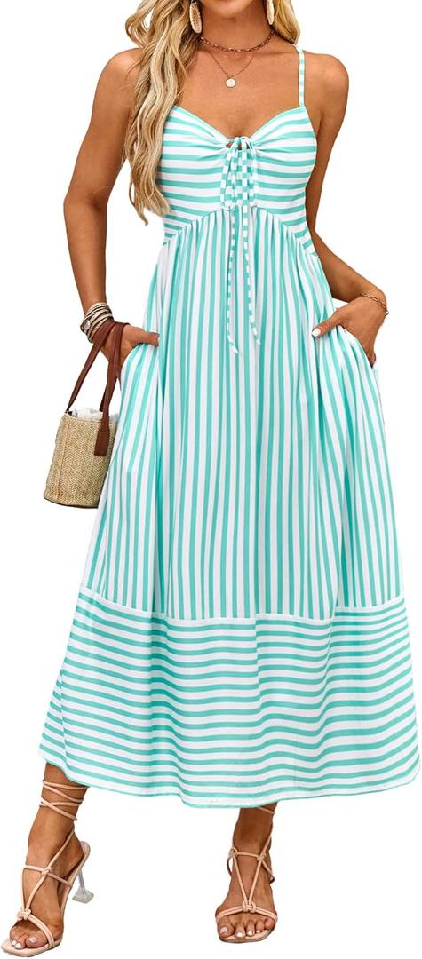 Fashionme Womens Summer Maxi Dresses 2026 Trendy Striped Vacation Boho Beach Spaghetti Strap Sundress Back Tie with Pockets (Blue, L)