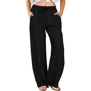 FireSwan Womens Palazzo Pants Casual Drawstring Flowy Pants Wide Leg Summer Beach Linen Trousers with Pockets (Large, Black)