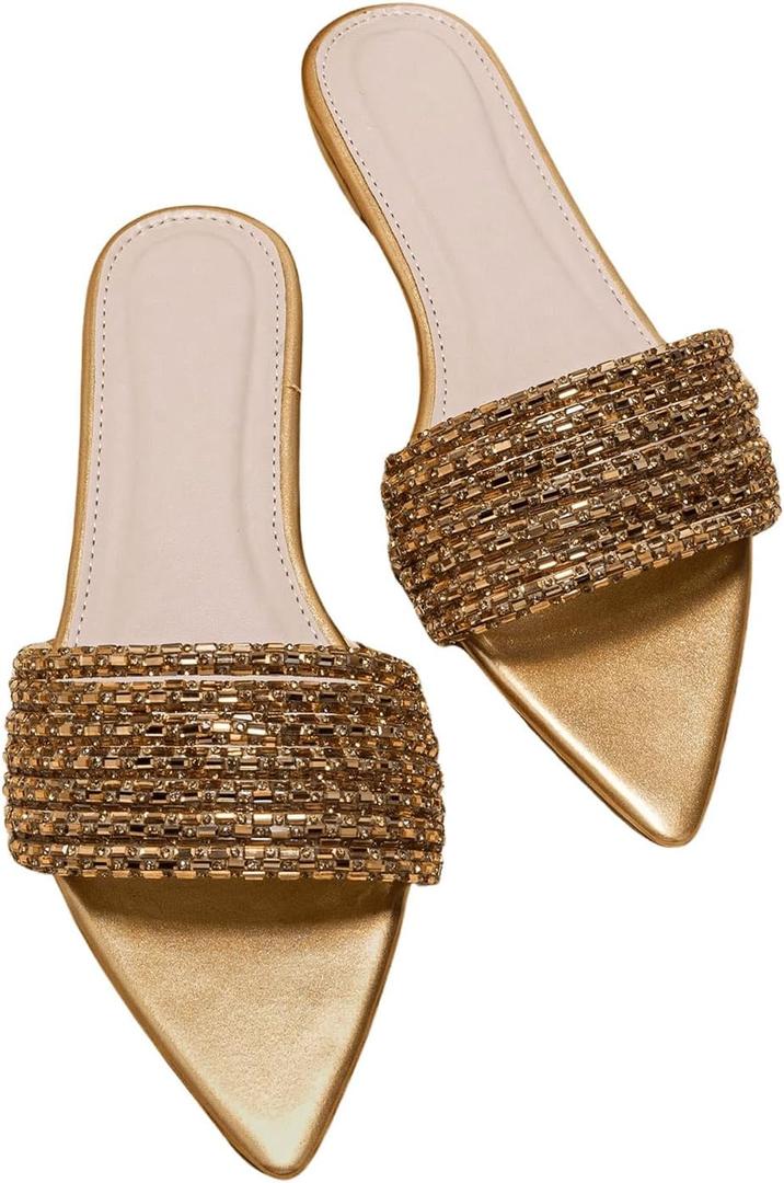 GORGLITTER Women's Rhinestone Sandals Sparkly Pointed Open Toe Dressy Summer Flat Sandals (9, Gold)