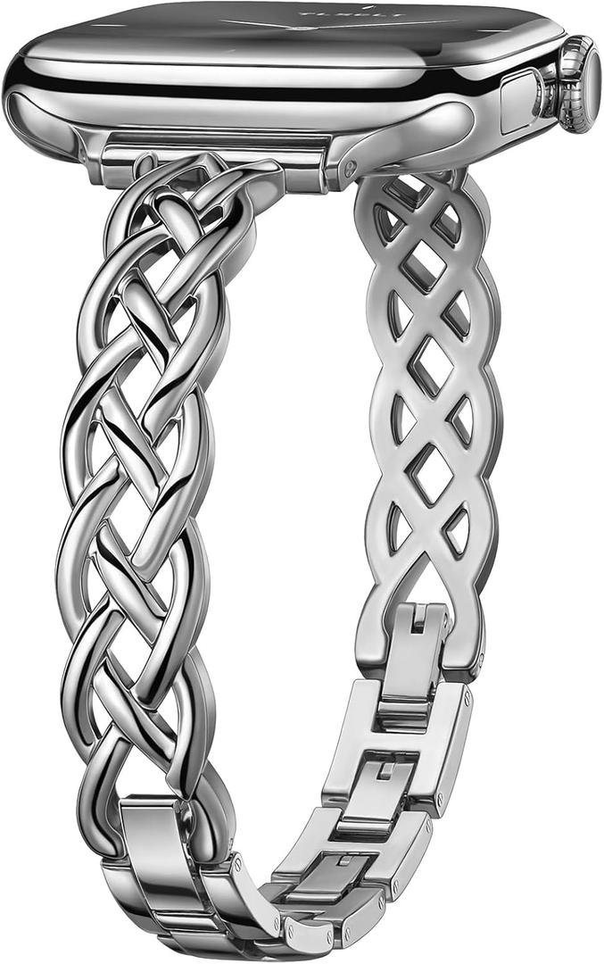 Silm Bracelet Compatible with Apple Watch Bands 38/40/41/42/44/45/46/49mm for Women, Celtic Thin Dressy Stainless Steel Metal Designer Fancy Strap for iWatch Series 11 10 9 8 7 6 5 4 3 SE Ultra (Silver)