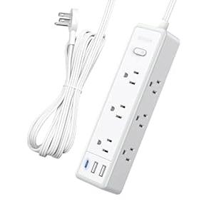 Surge Protector Power Strip, Flat Extension Cord with 9 Widely Outlets 3 USB Ports(1 USB-C), 1080 Joules, 5 FT, Multiple Outlets, Wall Mount, Flat Plug for Indoor Home Office, Dorm Essentials, White