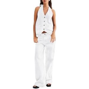 Fisoew Women's Two Piece Denim Set Button Down Backless Tank Top and Wide Leg Jeans 2 Piece Outfit Suits M