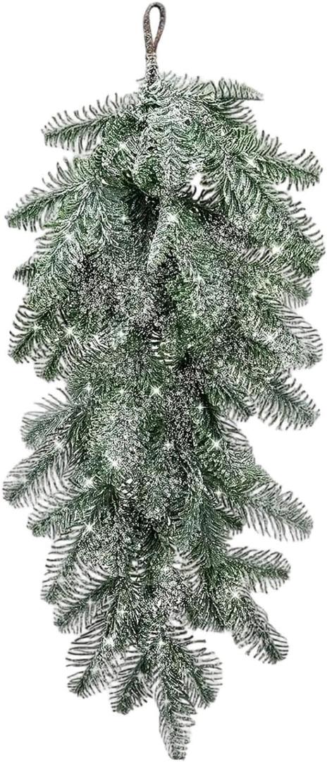 Fenteer Christmas Teardrop Swag Artificial Snow Wreath Backdrop Home Faux Winter Hanging Plants for Thanksgiving Wedding