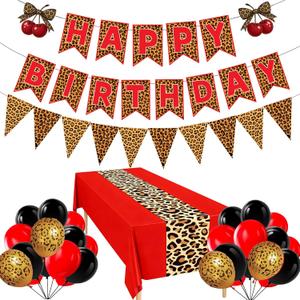Red Cheetah Print Birthday Party Decorations for Women,Leopard Tablecloth Happy Birthday Banner with Balloons,Cherry Cheetah Leopard Print Party Decor Sulpplies (Pastel)