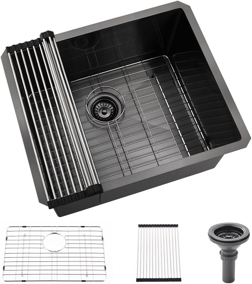 Black Stainless Steel Utility Sink Undermount-Hovheir 21"x18"x12" Matte Black Stainless Steel Laundry Sink Undermount Laundry Room Sink 16 Gauge Single Bowl Deep Kitchen Sink Outdoor Sinks