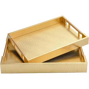 2 Piece Woven Leather Ottoman Tray with Gold Handles, Perfect Rectangular Serving Tray for Living Room, Coffee Table Home Decor Enthusiasts (Golden)