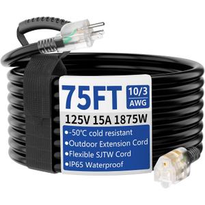 75ft Outdoor/Indoor Extension Cord with Lighted 10/3 Gauge Ultra 3 Prong Heavy Duty SJTW, Waterproof, Flexible Cold-Resistant,15A 125V 1875W, Black