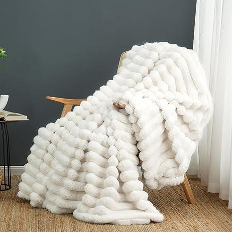 Cozy Bliss Faux Fur Throw Blanket for Couch, Cozy Warm Plush Striped Blanket for Sofa Bedroom Living Room, 50 * 60 Inches Cream White