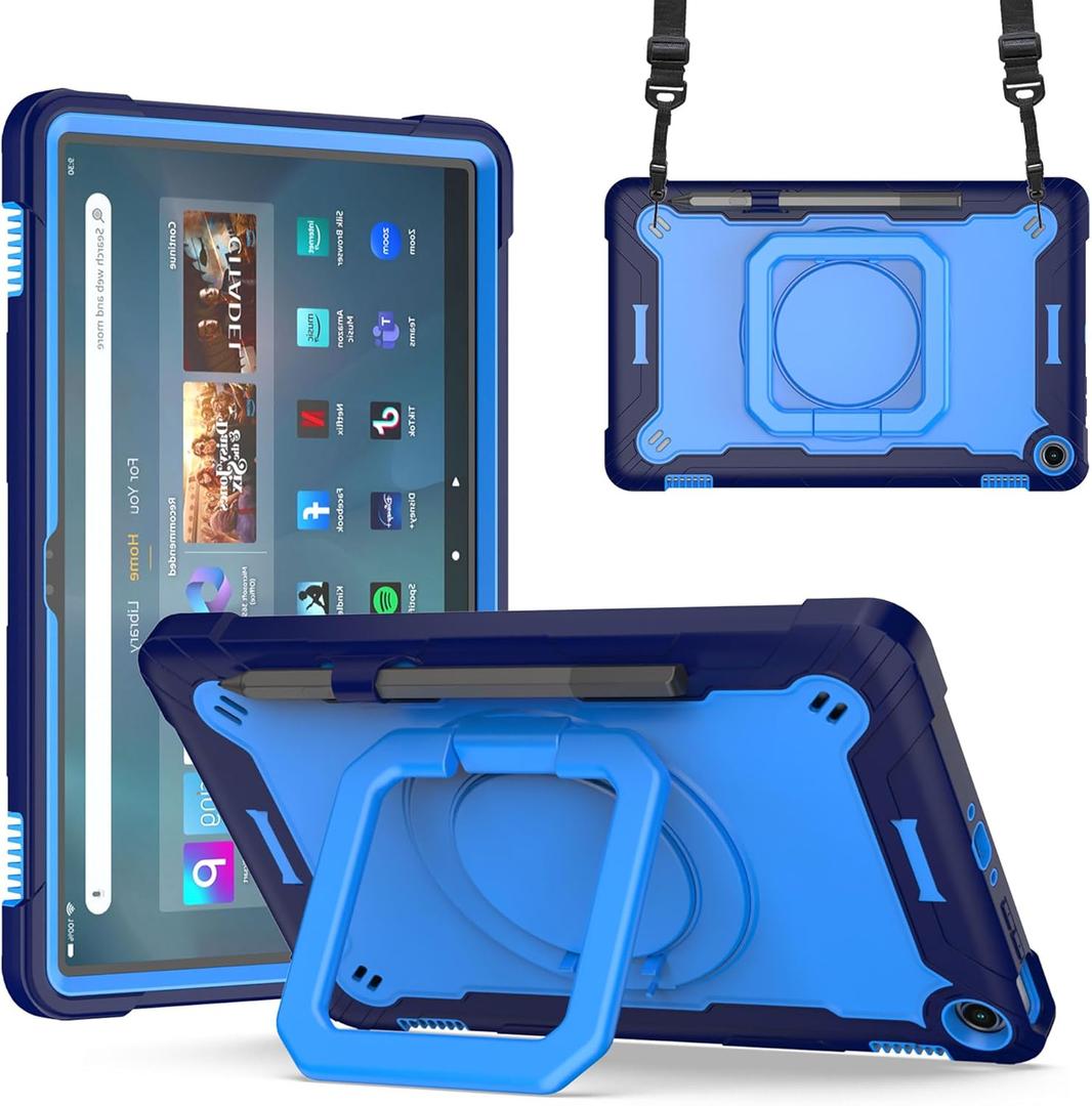 Case for Amazon Fire Max 11 inch Tablet (13th Generation, 2023 Release) Hybrid Shockproof 360 Rotating Multi-Functional Ring Stand Case with Shoulder Straps (Blue/Blue)