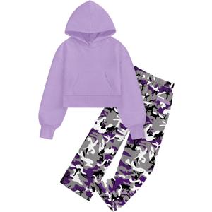 Girls Clothes Solid Crop Tops Hoodie Clothing Sets Straight Leg Sweatpants 2 Piece Outfits Fall Winter 6-14Y (11-12 Years, Purple Camo)