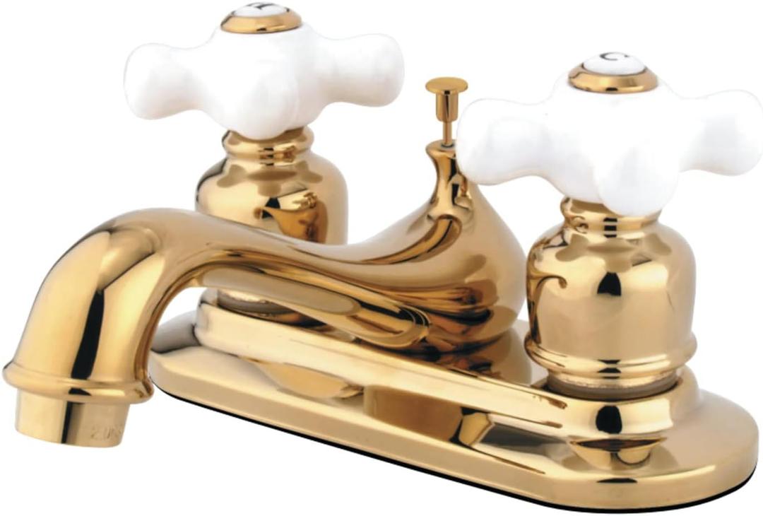 Kingston Brass KB602PX Restoration 4-Inch Centerset Lavatory Faucet with Porcelain Cross Handle, Polished Brass