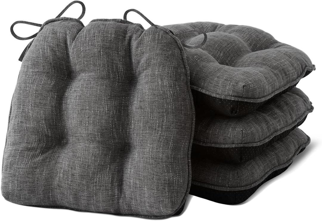 Chair Cushions for Dining Chairs Set of 4, Kitchen Chair Cushions, Chair Pads with Ties and Non Slip Backing, Tufted Memory Foam Seat Cushion 4 Pack, 15.5" x 15.5" x 4", Dark Gray