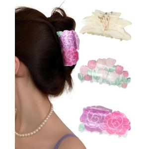 HAIMEIKANG 3 PCs Meidum Flower Cute Hair Claw Clips for Women and Girls - Acrylic Non-Slip Strong Hold Jaw Clips for Thin Hair