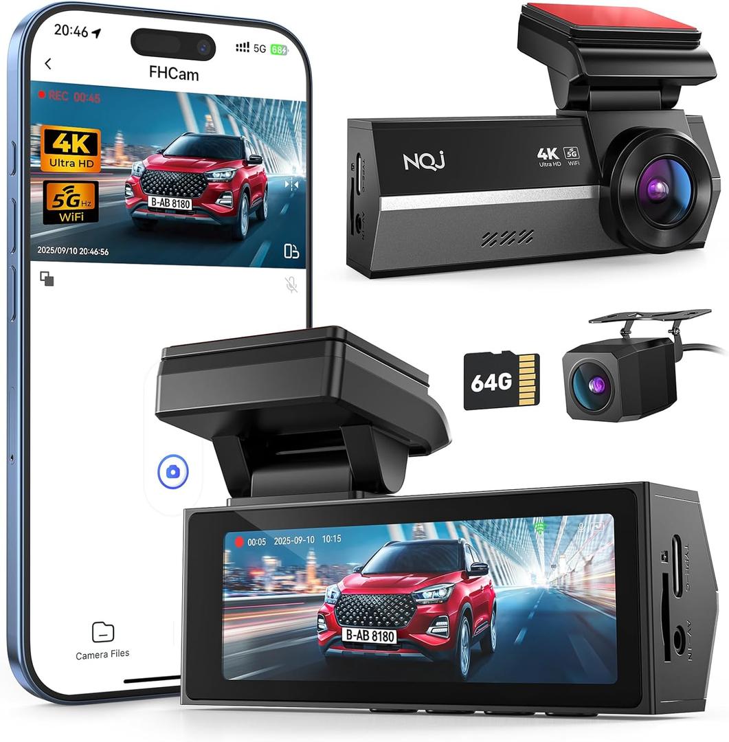 Dash Cams Front and Rear, NQJ 4K+2K Dual Dash Camera for Cars w 64GB Card, 5G Wi-Fi & App, G-Sensor, 3.2 Screen, 24H Parking Mode, 170Wide Angle, Night Vision
