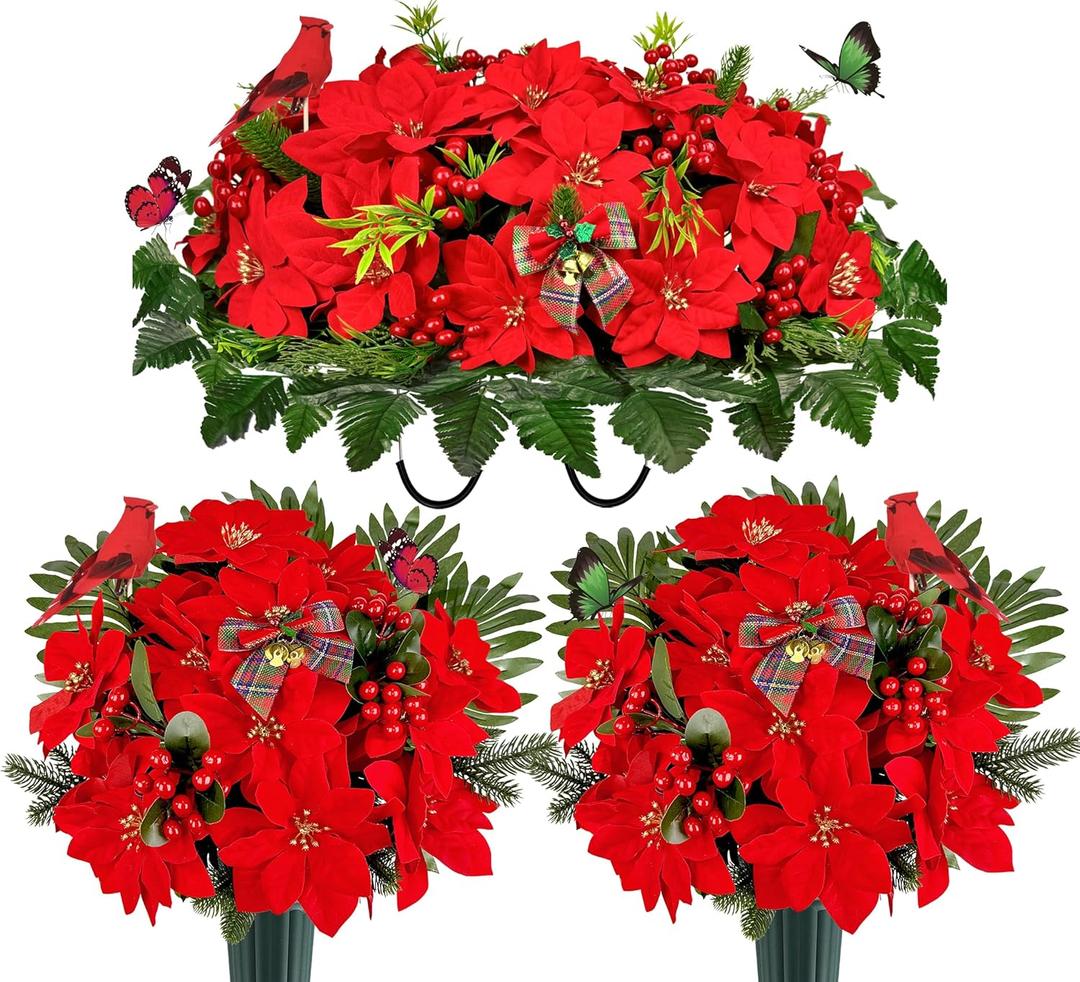 Christmas Cemetery Flowers Saddle for Grave Decoration, Xmas Red Poinsettia Berry Headstone Flower Saddle,Realistic Memorial Bouquets