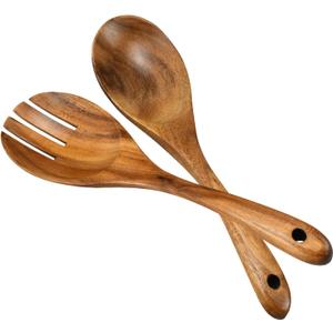 Salad Servers, Wood Salad Tongs, 10.2in Salad Spoon and Fork Set, Long Handle Salad Server Set for Mixing, Tossing and Cooking