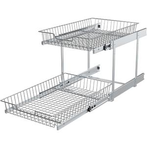 2 Tier Individual Pull Out Cabinet Organizer 11"W x 21" D, Pull Out Shelves Slide Out Kitchen Storage Sliding Shelvesfor Organization in Kitchen, Chrome