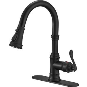 BWE Black Kitchen Faucet with Pull Out Sprayer 3 Spray Modes Farmhouse Single Handle High Arc Kitchen Sink Faucet with Deck Plate Com Bar Pull Down Sprayer