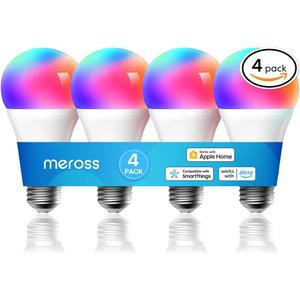 meross Smart Light Bulb, Smart WiFi LED Bulbs Compatible with Apple HomeKit, Siri, Alexa, SmartThings, Dimmable E26 Multicolor 2700K-6500K RGBWW, 810 Lumens 60W Equivalent, A19, 4 Pack
