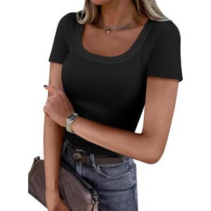 ANRABESS Women Short Sleeve Tops Scoop Neck Ribbed Knit Slim Fitted Basic Tee Shirts Casual Summer Clothes 2025 Fall Outfits (Medium, Black)