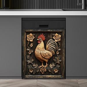 Rustic Farmhouse Rooster Dishwasher Magnet Cover,Vintage Rooster Wood Floral Magnetic Dishwasher Cover Vinyl Sticker,Fridge Door Cover Magnets Art Skin Panel Decal,Home Decor Decal,23"X26"