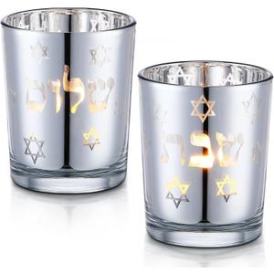 Honeydak Set of 2 Shabbat Candles Holders Silver Jewish Judaica Gift Set Electroplated Glass Modern Shabbat Candlestick Holders for Tea Lights Hanukkah Gifts