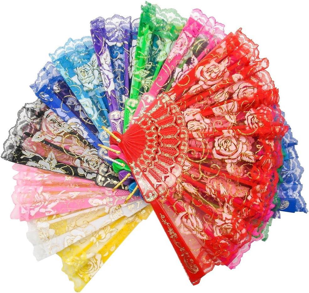 TRENDBOX Elegant Vintage Retro Flower Rose Lace Handheld Chinese Folding Fan for Dancing Ball Parties Ladies - 1 Set (10 Colors)