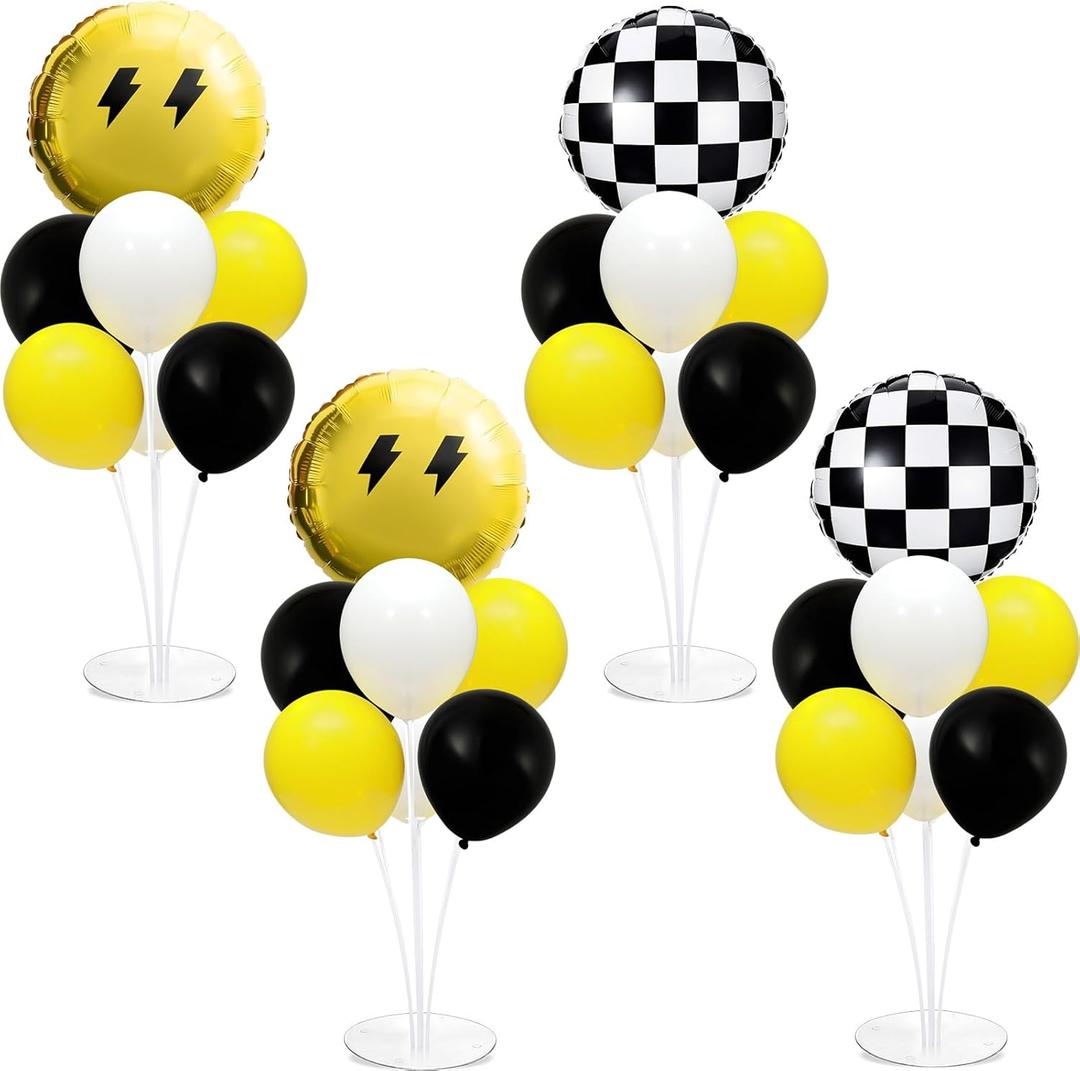 4 Sets Smile Party Balloons Stand Kit with Black White Checkered Foil Balloons Yellow Smile Face Themed Birthday Balloon Centerpiece for Tables for Girls Boys Birthday Baby Shower Party Decoration