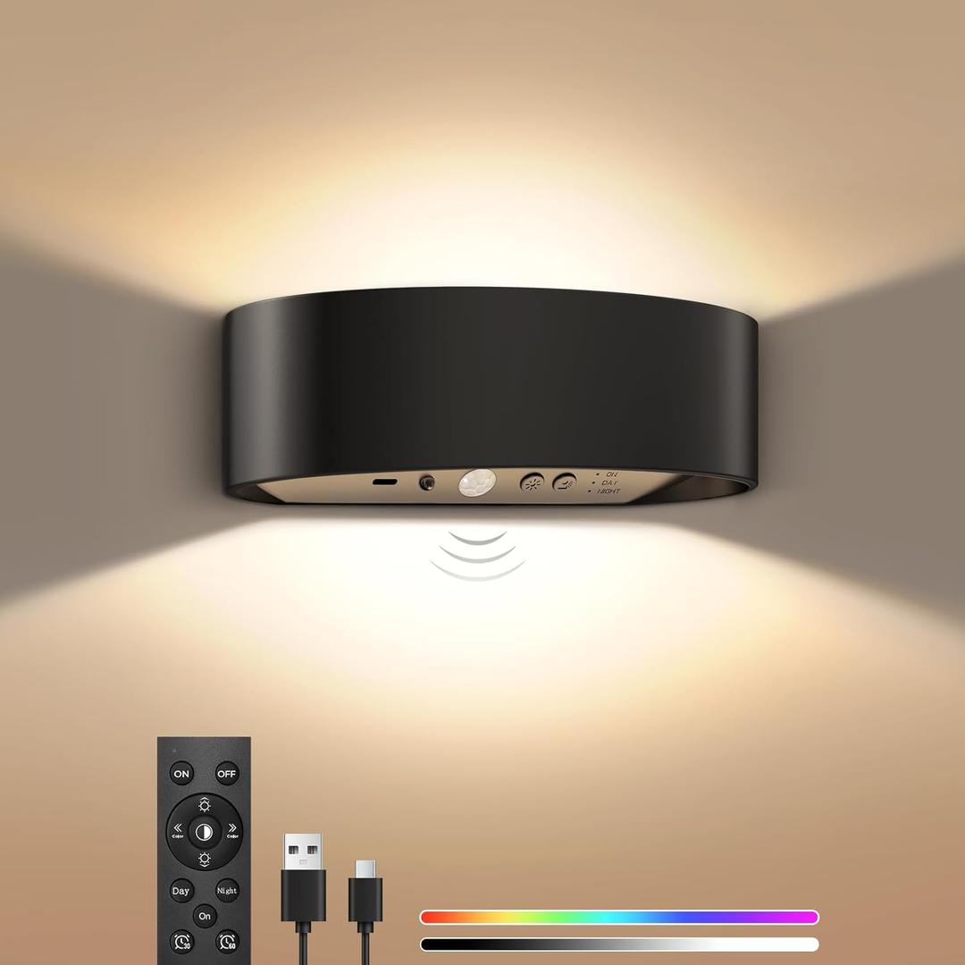 ToyGlee Motion Sensor Wall Sconces Set of 2, Rechargeable 5000mAh Battery Operated Wall Light with Remote Control 3 Colors Temperatures & Dimmable 15 RGB Colors Up and Down Wireless Wall Mount Light