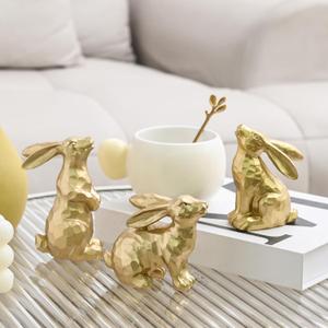 Resin Gold Bunny Decor Rabbit Figurines, Small Easter Bunny Figurine Set of 3, Easter Rabbit Statues for Spring Tabletop Decor