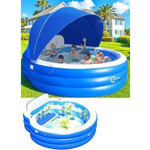 2025 Upgraded Inflatable Pool with Canopy, Inflatable Family Lounge Pool, Round Blow Up Pool for Adult with Bench & Backrest, Swim Center Easy Backyard Pools for Kids & Adults, 90"x90"x80", Blue