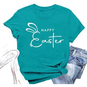 Valiri Easter Shirts for Women Easter Bunny T-Shirt Cute Rabbit Print Tee Tops, XL