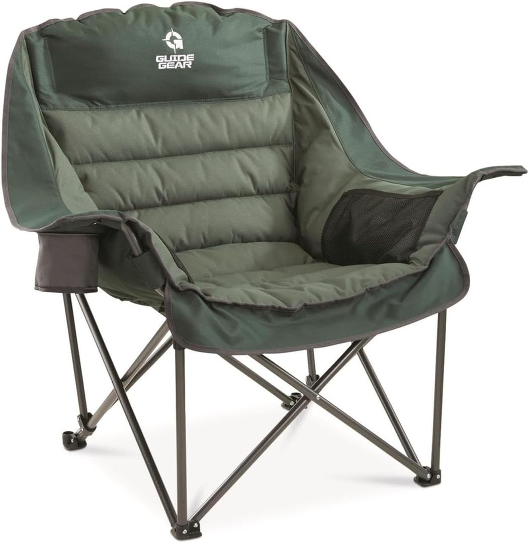 Guide Gear Oversized Extra Large Padded Camping Chair, Portable, Folding, Large Camp Lounge Beach Chairs for Outdoor, Adults, Men and Women, Heavy-Duty 400 Pound Capacity, with Cup Holder Green