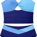 Girls Swimsuit Color Block Girls Bathing Suit Twist Tankini Set Two Piece Girl Swimwear Bikini Set for 9-16 Years (13-14 Years, Blue)
