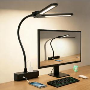 LED Desk Lamp for Home Office, Eye-Caring Clip-On Desk Light with Flexible Gooseneck, 2AC&1USB-C Charging Port, 3 Brightness & 3 Color Modes, Eye-Caring Table Lamp for Study, Reading and Dorm (Black)