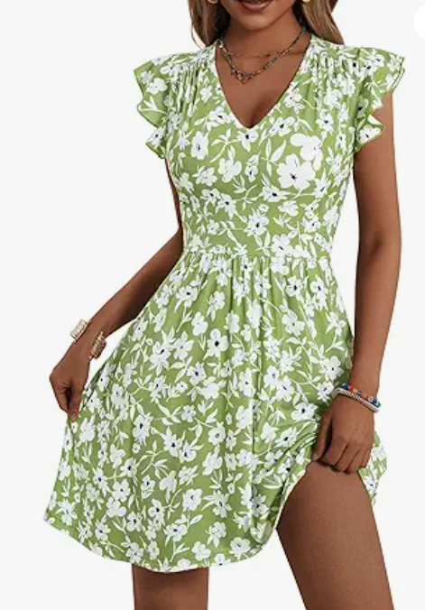HUHOT Women's Summer Casual Sundresses with Pocket V Neck Spring Floral Mini Beach Vacation Dress 2025 (X-Large, Green Floral)