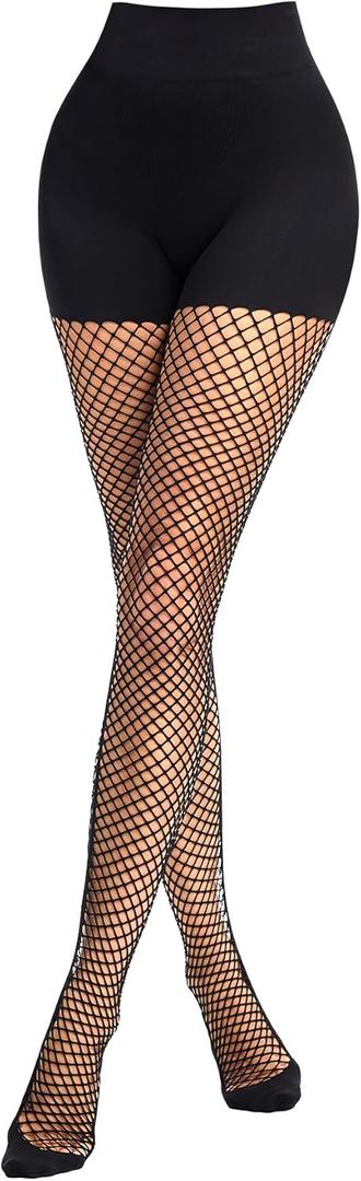 QWD Black Fishnet Tights For Women High Waist Tummy Control Shapewear Leggings Fishnet Pantyhose (Medium)