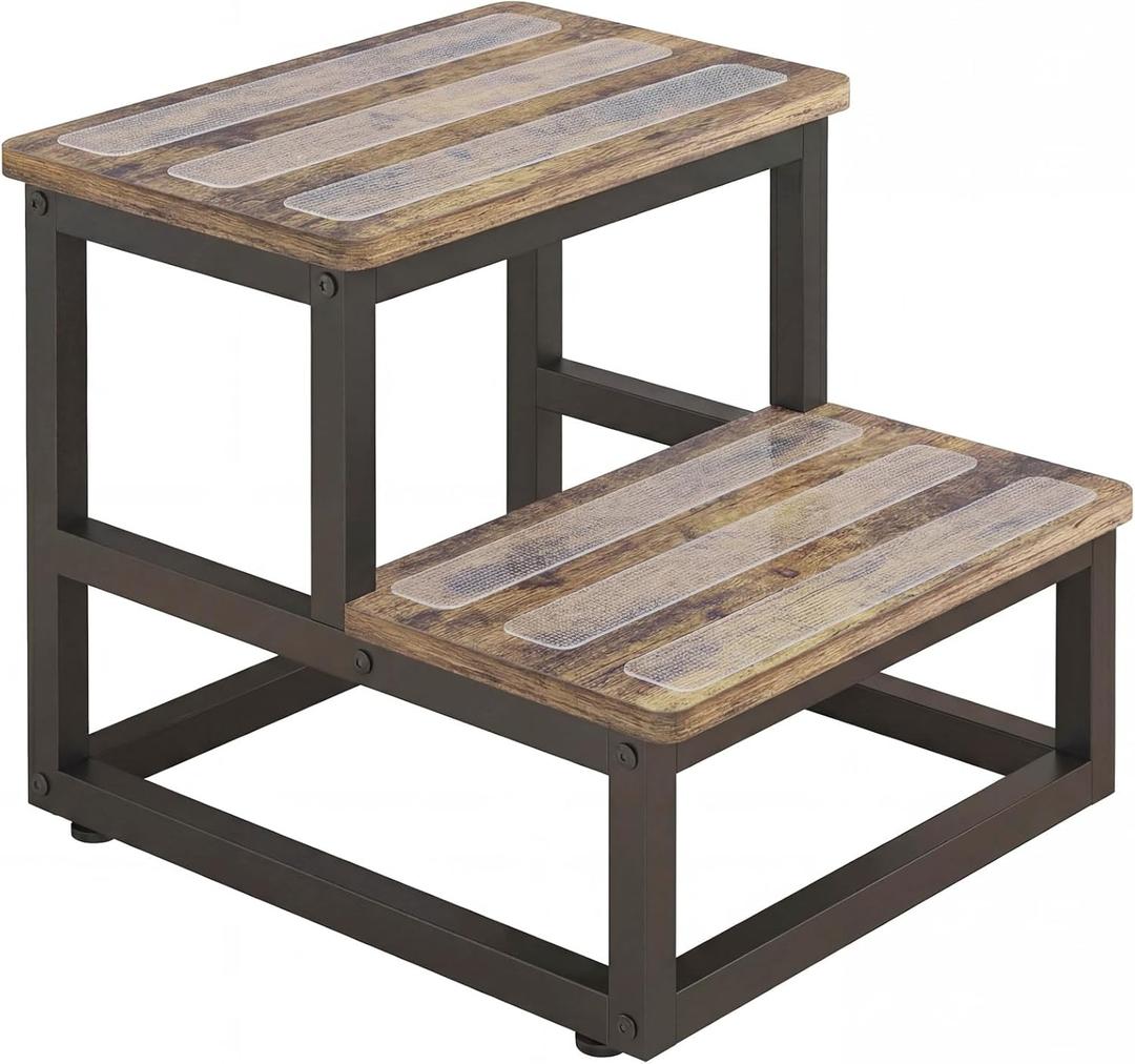 2 Tier Step Stools for Adults with Non-Slip Stickers, Heavy Duty Bed Steps for High Beds,Kitchen Step Stool,Wide Wooden Step Stools for Kids, Step Stool for RV