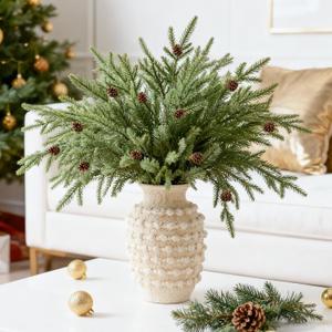 DN DECONATION Artificial Christmas Norfolk Pine Stems, Faux Pine Branches with Cones 35.4" 6PCS - Greenery Fake Pine Needles for Vase Arrangements, Winter, Holiday Indoor Outdoor Home Decor (Set of 6, Green and Brown90)
