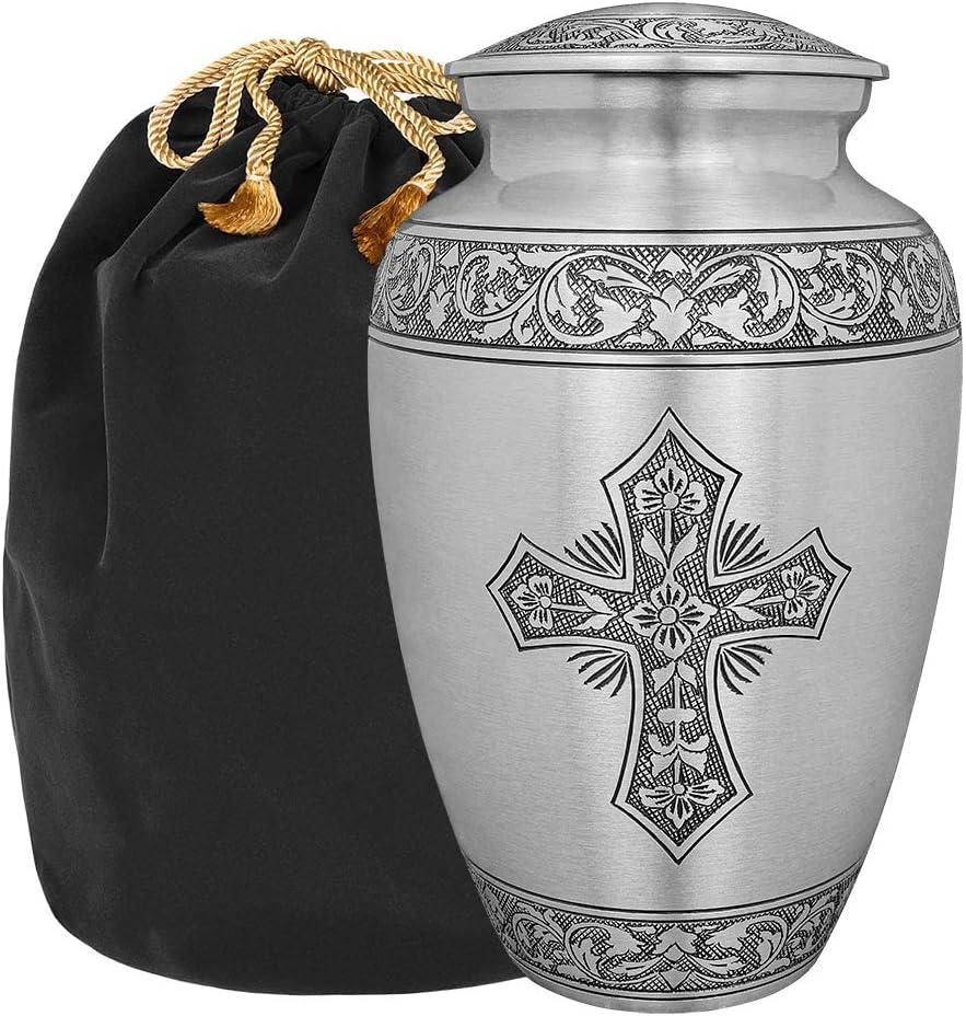 Trupoint Memorials Cremation Urns for Human Ashes, Religious Decorative Burial Urn for Adult Men and Women, Large Silver Cross