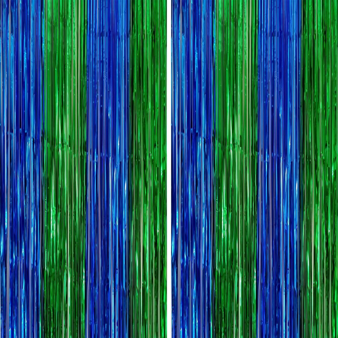 2 Pack 3.3x6.6ft Blue Green Metallic Tinsel Foil Fringe Backdrop Door Streamers Birthday Soccer Halloween Bachelorette Graduation Video Game Baby Shower Dinosaur Football Birthday Party Decoration