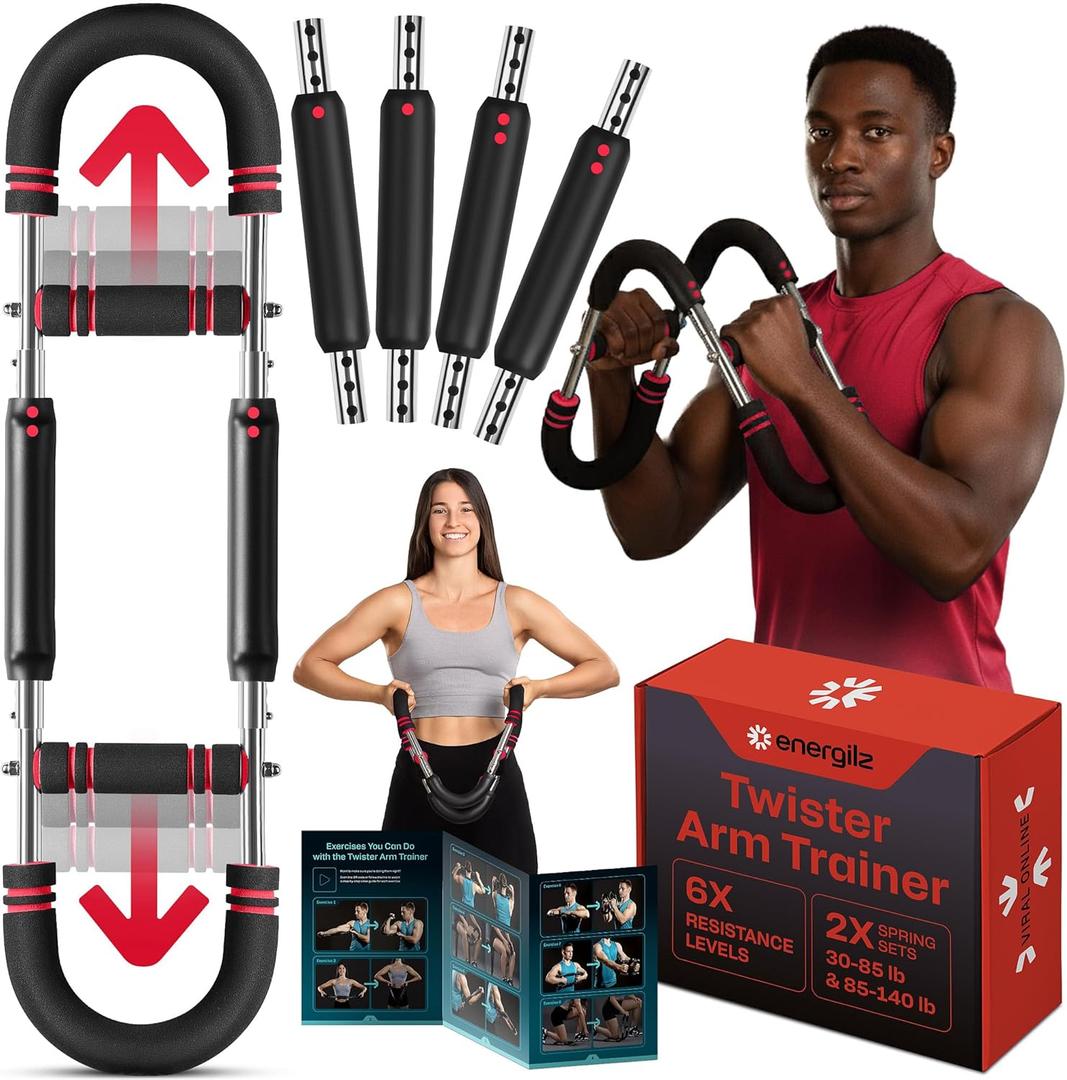 Twister Arm Trainer | Chest Workout Equipment Also for Biceps, Shoulders, Forearms, Back, Legs; Arm Chest Trainer for Men, Women, Beginners, Pros | 2 Spring Sets, 6 Resistance Levels (Blue) (Red)