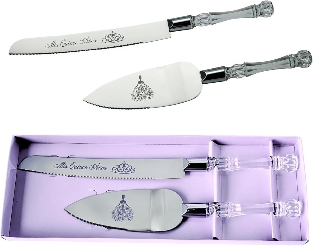 Lassos Boutique Mis Quince Aos Quinceanera Cake Serving and Knife Set, Sweet 15 Birthday Cake Cutting Set. Feliz 15 Anos Decoration, Acrylic Handle, Stainless Steel, Silver (Silver)