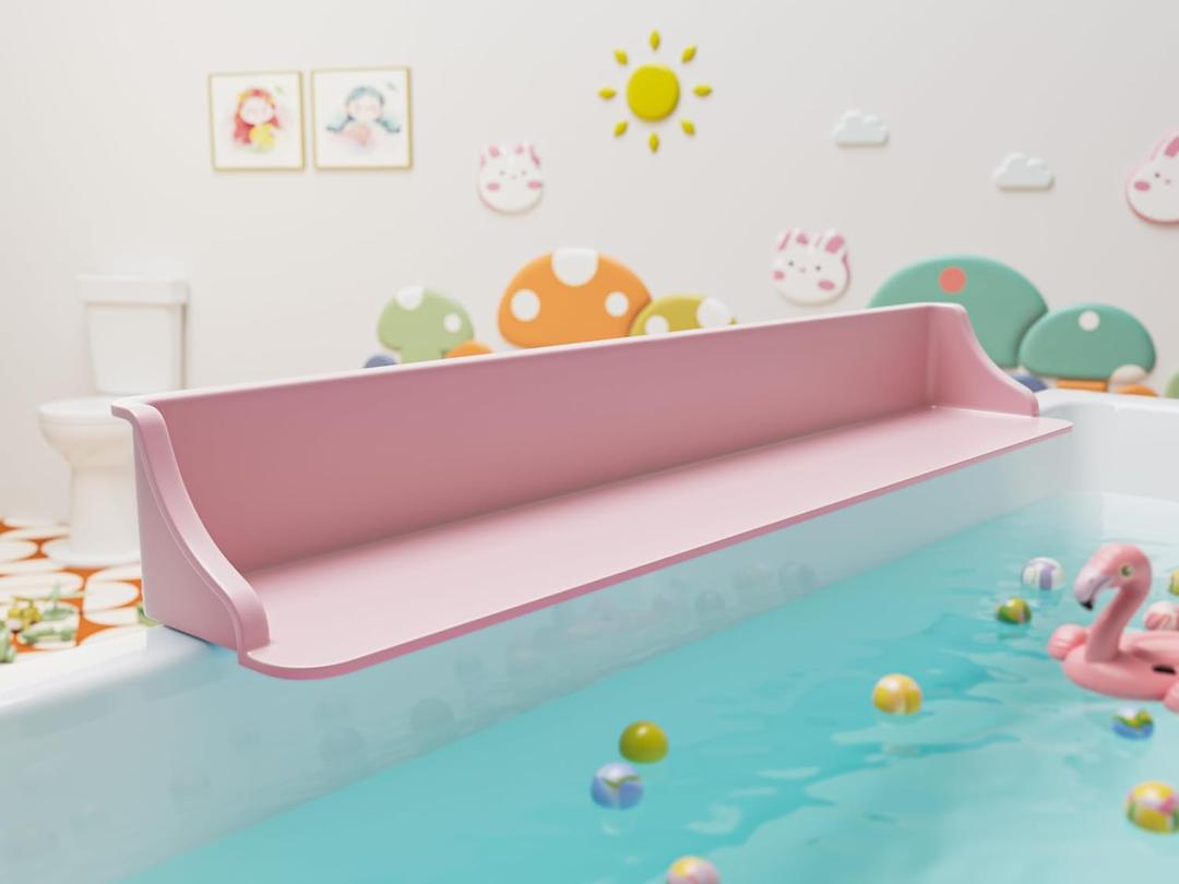 3-Ft Bathtub Splash Guard PlayPad with Strong Suction Cups, Toy Tray Caddy Holder Storage, No-Leak, Mess-Free Bath Time for Kids, Pink