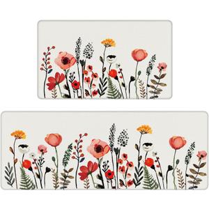 Kitchen Mats for Floor 2 Piece White, Colorful Flower Fern Kitchen Floor Mats for in Front of Sink, Floral Kitchen Rugs Non Slip Washable (17"x47"+17"x29")