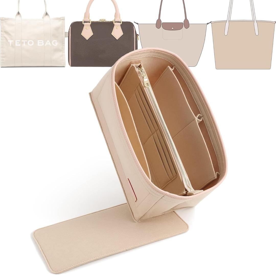 Doxo Purse Organizer Insert for Handbags & Base Shaper Combination,Tote Bag Organizer Insert Suitable to Lv Speedy 25,NeoNoe MM,Noe,Book Tote S,C.oach City 30,Long Champ Le-pliage S and More (M-Beige)