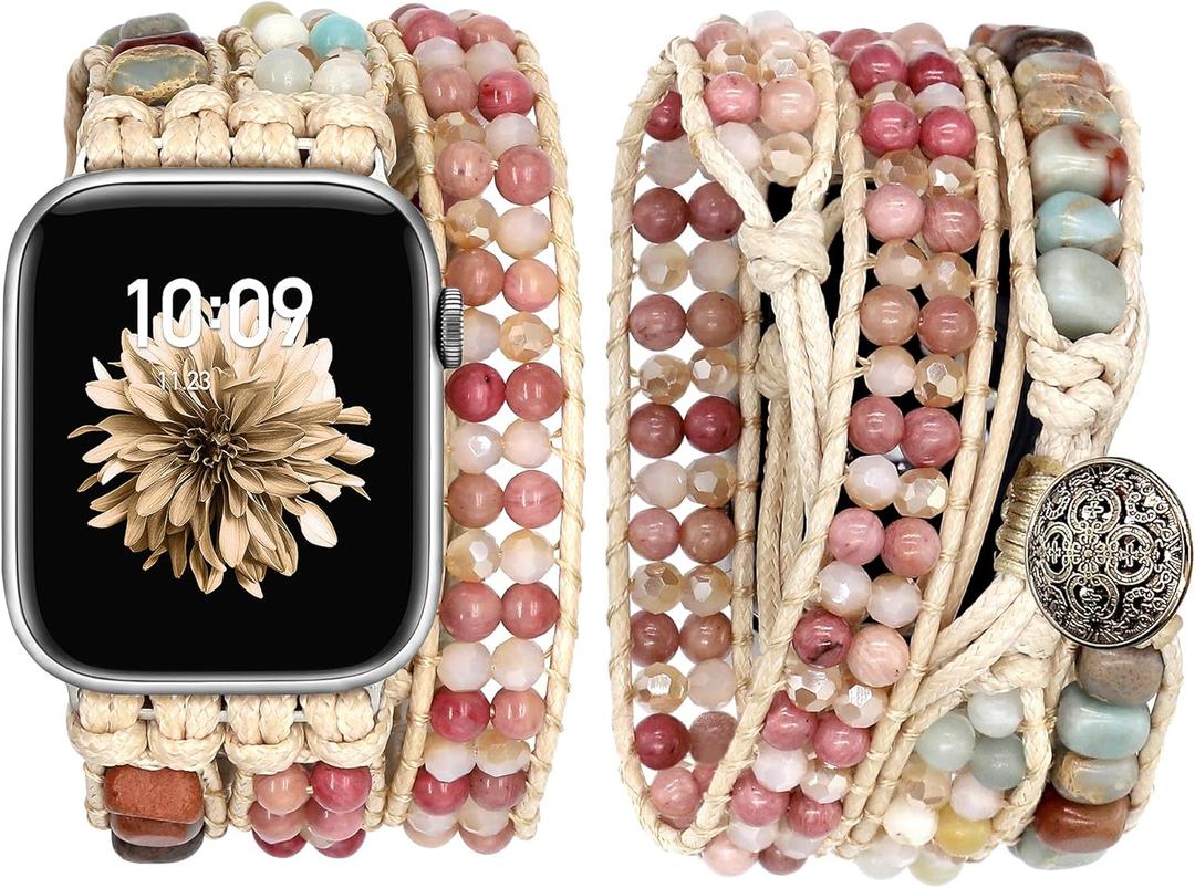 JR.DM Boho Beaded Watch Band Women Compatible with Apple Watch 38mm 40mm 41mm 42mm Pink Bracelets Khaki Natural Stone Adjustable Handmade Braided Watch Strap for iWatch Series 10/9/8/7/6/5/4/3/2/1/SE
