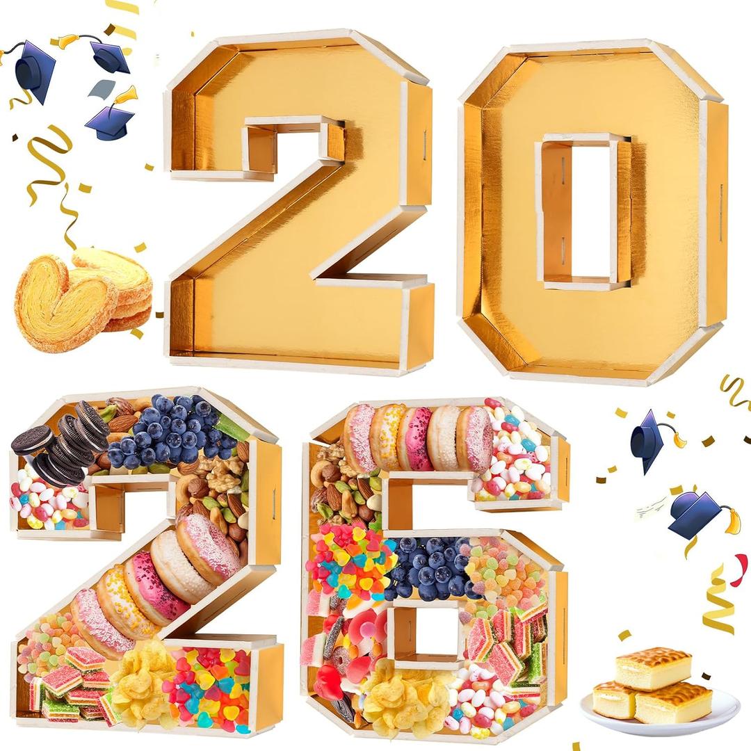 2026 Gold Charcuterie Board Numbers Fillable Cardboard Food Tray | 9.5x 7.5 inch Sturdy Cardboard Numbers, Ideal Graduation Party Decor, Fillable Fruit Candy Display, 2026 Food Trays