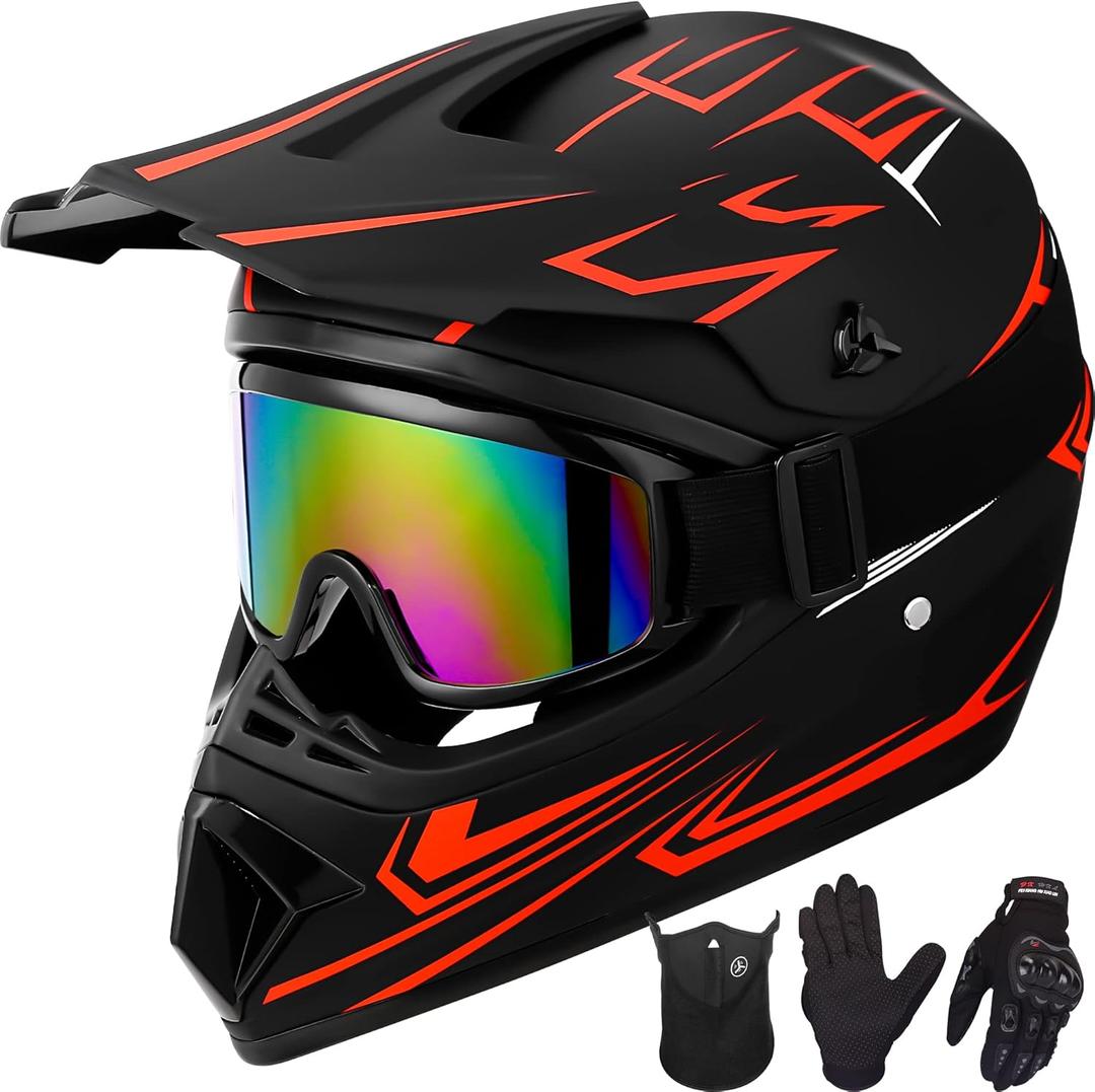 Youth Kids Motocross Helmet Motorcycle Dirt Bike Off-Road Mountain Bike BMX MX ATV Helmet with(Gloves Goggles Mask) 4Pcs Set - DOT Approved, (Red,L) (Large)