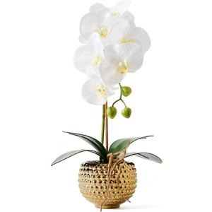Orchids Artificial Flowers, 15" Faux Orchid in Gold Flower Pot Real Touch Flowers in Pot Large Flower Arrangements Artificial Centerpiece for Home Living Room Bathroom Kitchen Decoration (White)